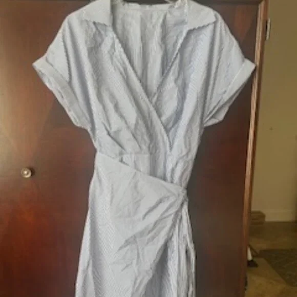 CUPSHE Women's Blue Pin Stripe Collared Wrap Midi Beach Dress, Medium - Picture 6 of 6